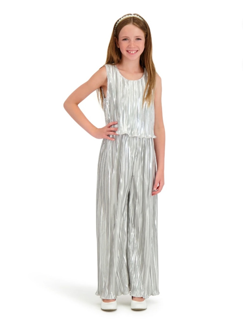 NWT Silver Metallic Pleated Girls Jumpsuit